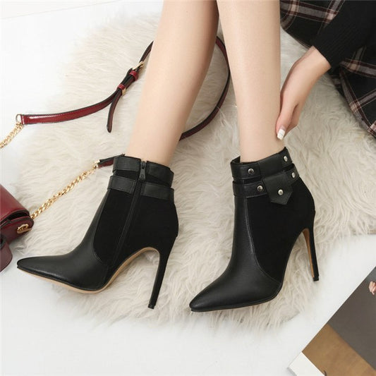 Fashion Retro Thin High Heels Buckle Strap Rivets Ankle Boots Plus Size Women Winter Shoes Blue Black Red Stiletto